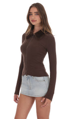 Fur Collar Zip-Up Cardigan in Brown