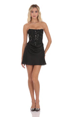 Black Sequin Draped Waist Dress