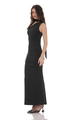 One Shoulder Scarf Wrap Maxi Dress in Black
