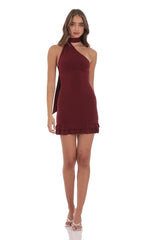 Scarf Halter Ruffle Dress in Burgundy