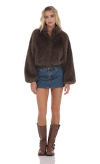 Faux Fur Bomber Jacket in Espresso