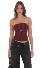 Burgundy Pinstripe Strapless Buckle Top