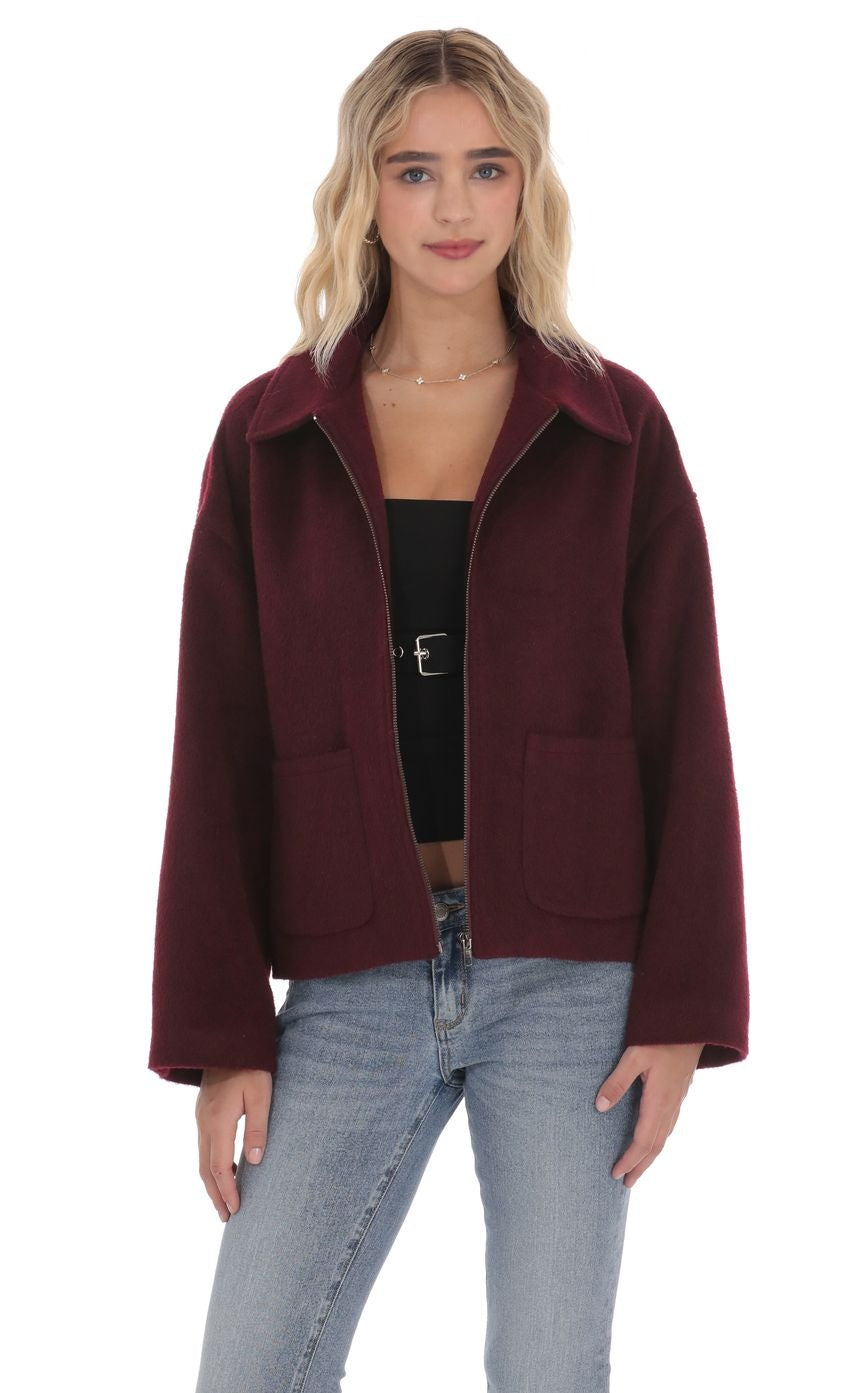 Fuzzy Zip-Up Jacket in Burgundy